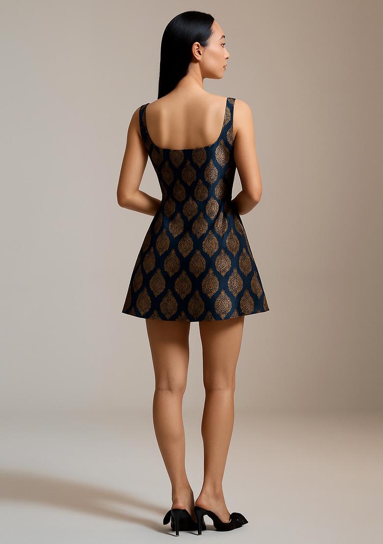 Dark Blue Jacquard  Dress - Indya