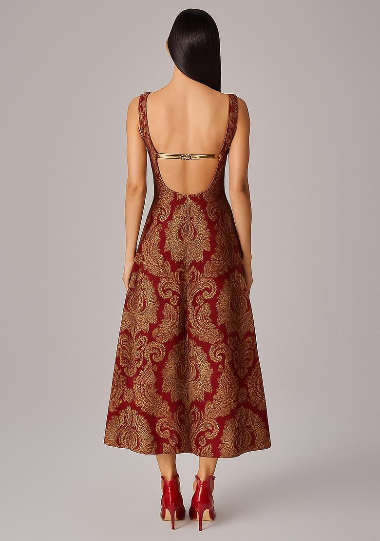 Red Jacquard  Dress - Indya