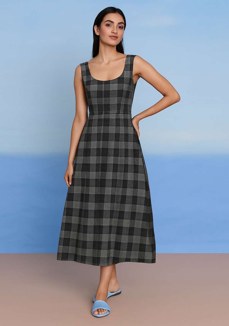 Black And Grey Patchwork Denim Dress - Indya
