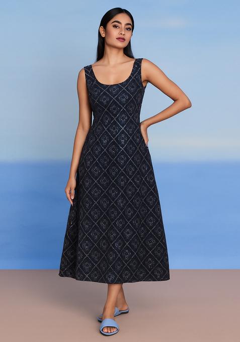 Dark Blue Sequin Denim Dress