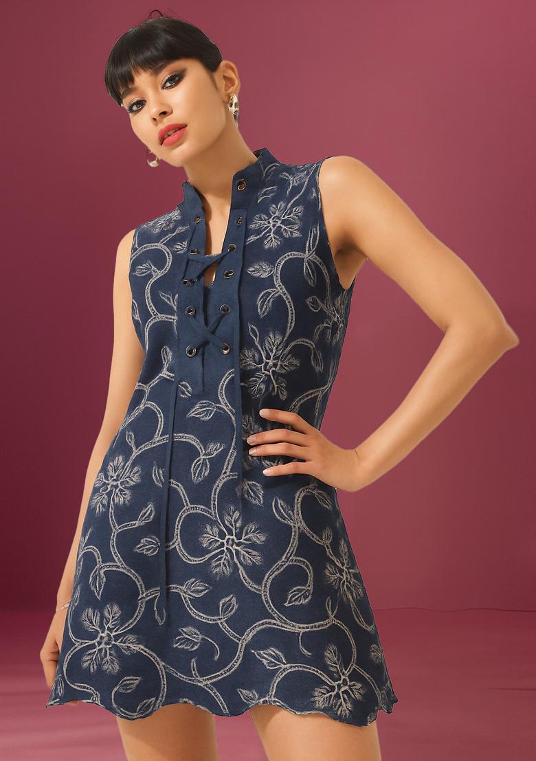 Blue Embroidered Denim Dress