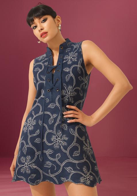Blue Embroidered Denim Dress
