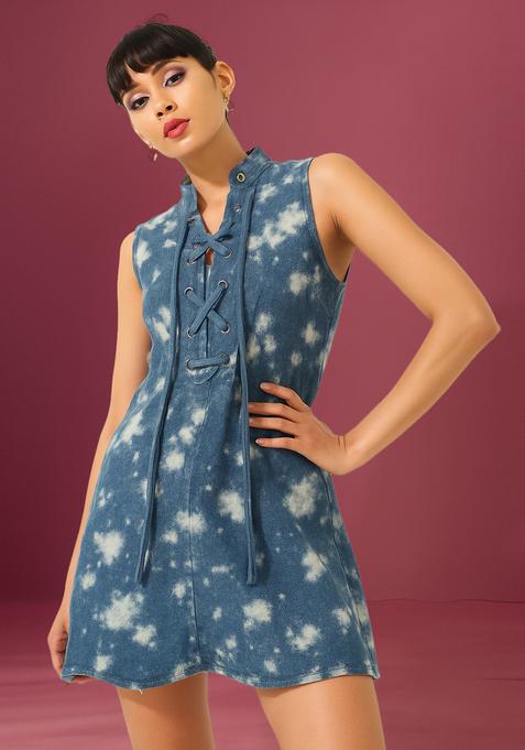 Blue Printed Denim Dress