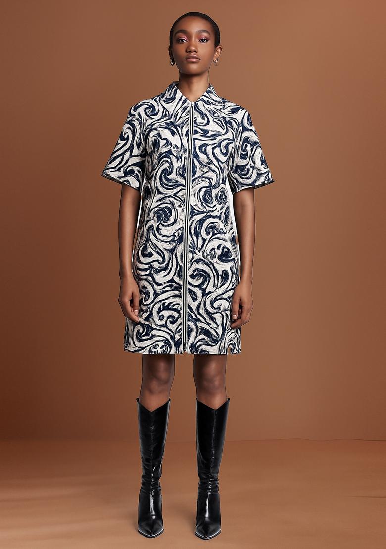 Blue Printed Cotton Denim Dress - Indya