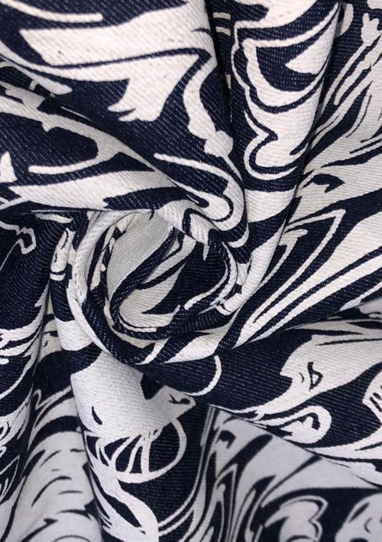 Blue Printed Cotton Denim Dress - Indya