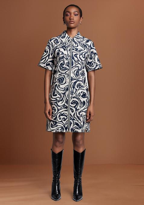 Blue Printed Cotton Denim Dress