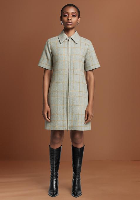 Grey Foil Print Cotton Denim Dress