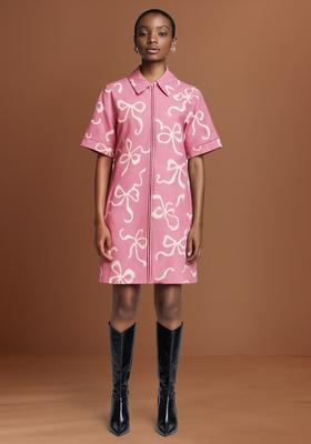 Pink Printed Cotton Denim Dress