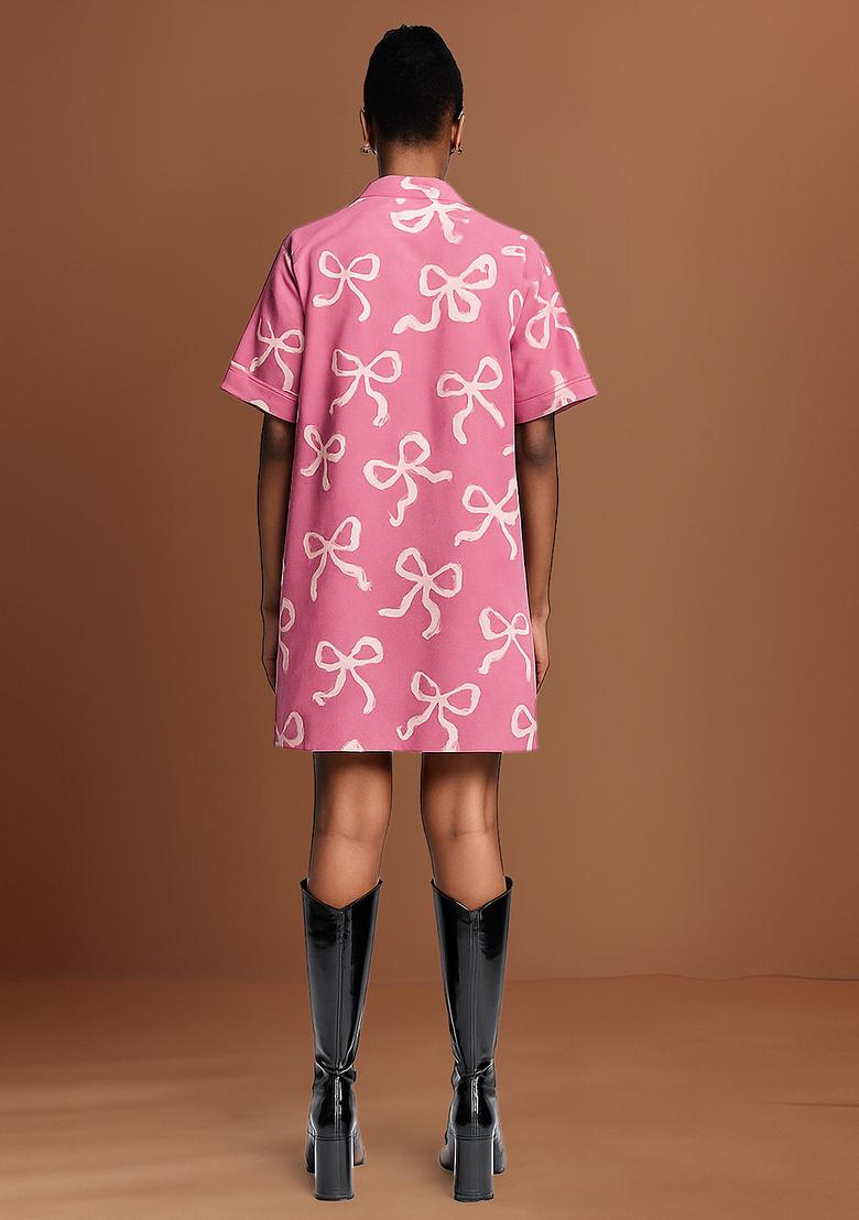 Pink Printed Cotton Denim Dress