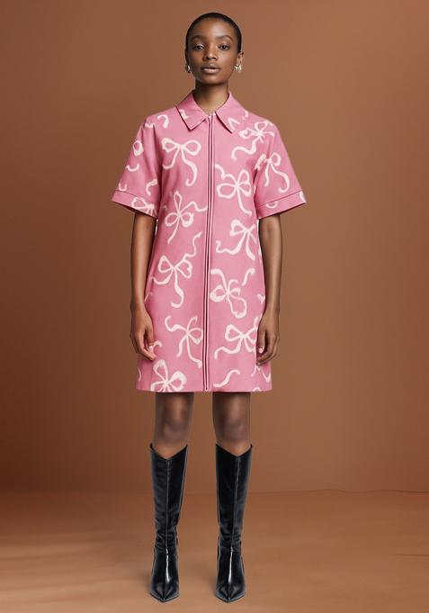 Pink Printed Cotton Denim Dress