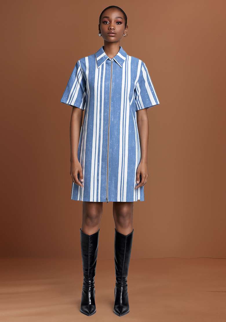 Light Blue Striped Cotton Denim Dress - Indya