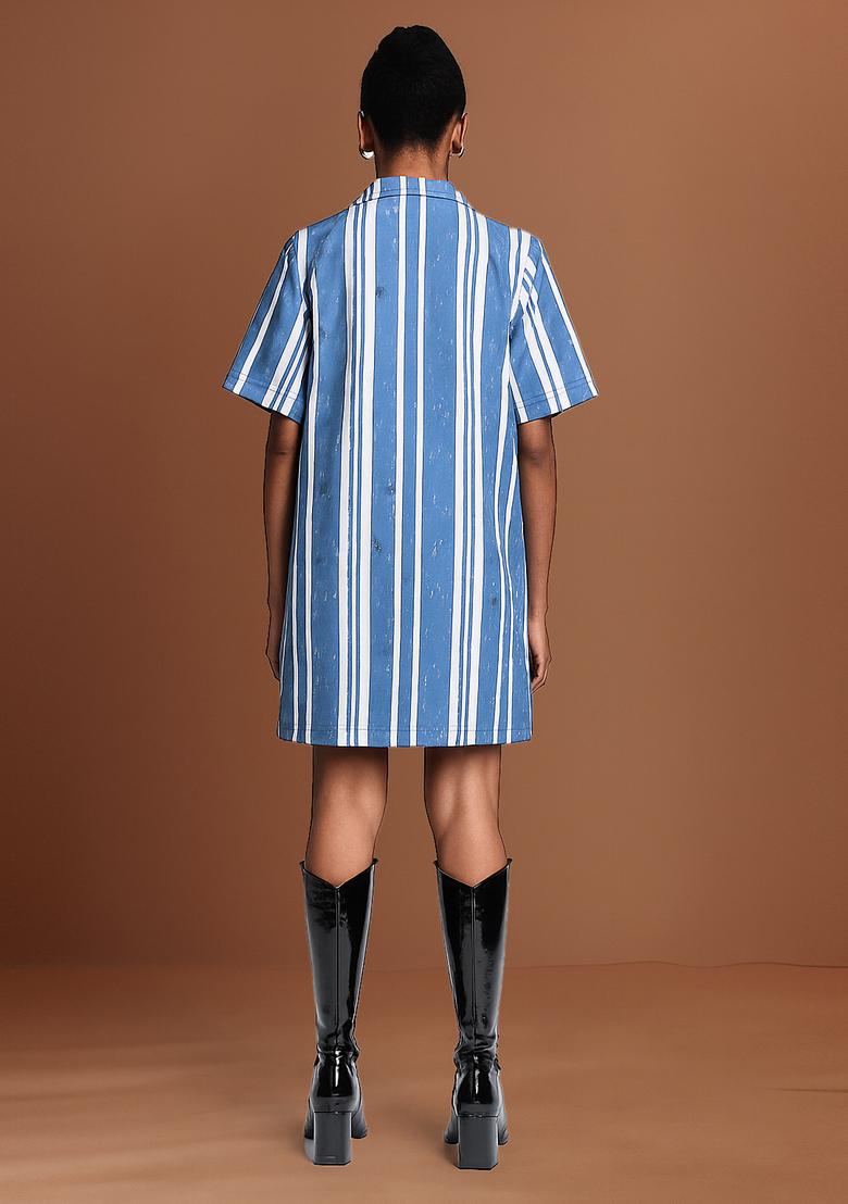 Light Blue Striped Cotton Denim Dress - Indya