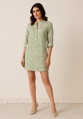 Sage Green Sequin Work Cotton Denim Dress