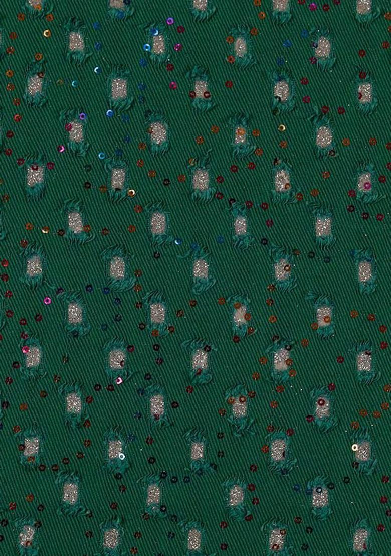 Bottle Green Sequin Work Cotton Denim Dress - Indya