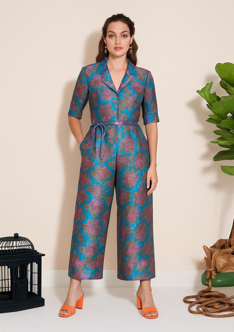 Blue Brocade Jumpsuit