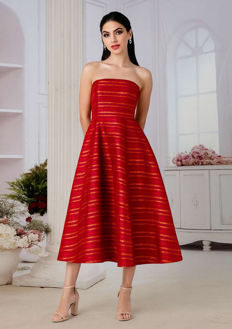 Red Brocade Dress - Indya