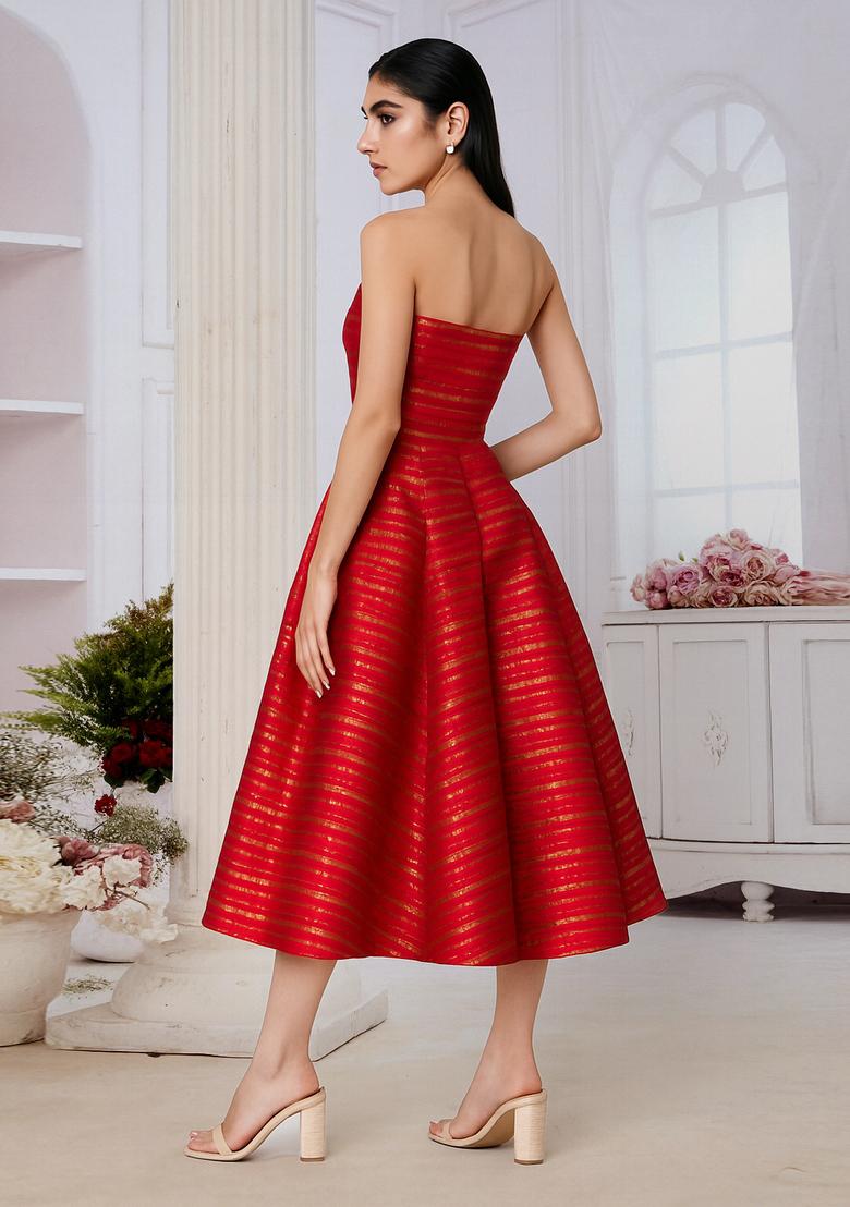 Red Jacquard  Dress - Indya