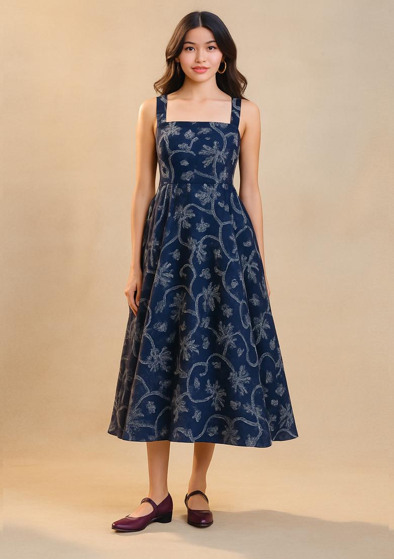 Blue Embroidered Denim Dress