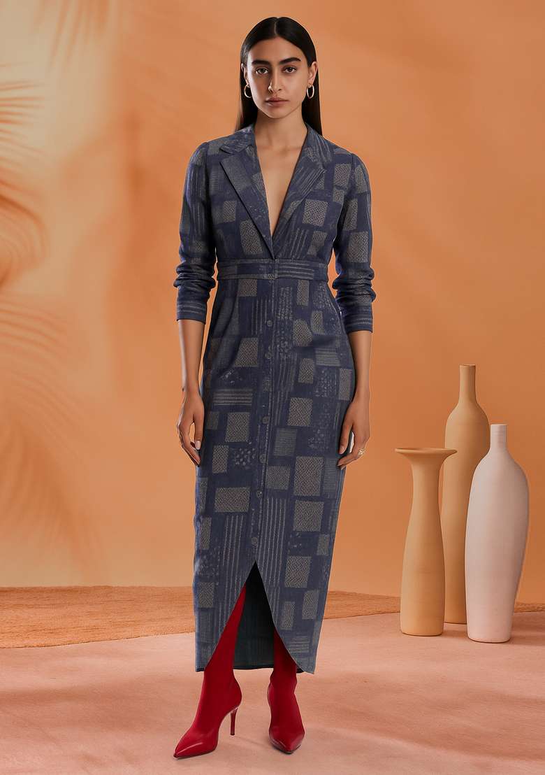 Blue Jacquard Denim Dress - Indya