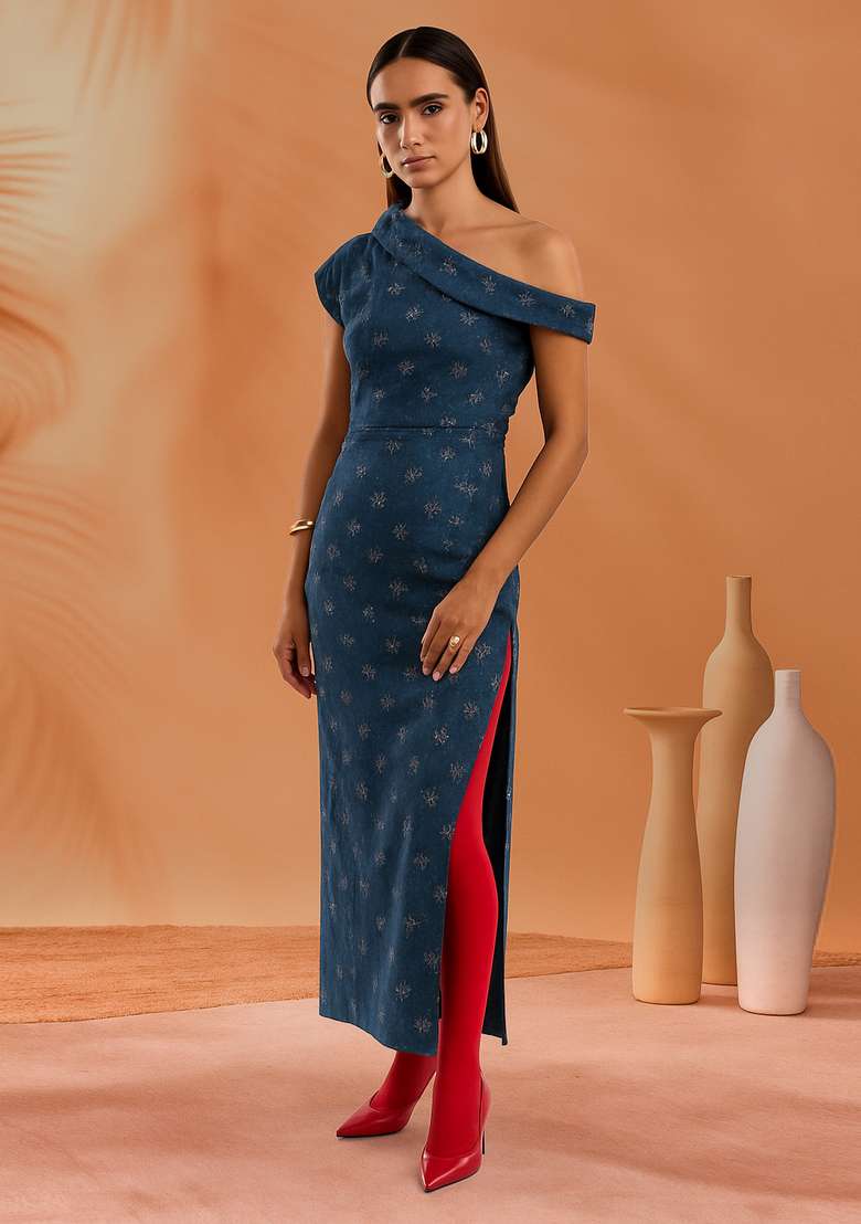Blue Sequin Cotton Denim Dress - Indya