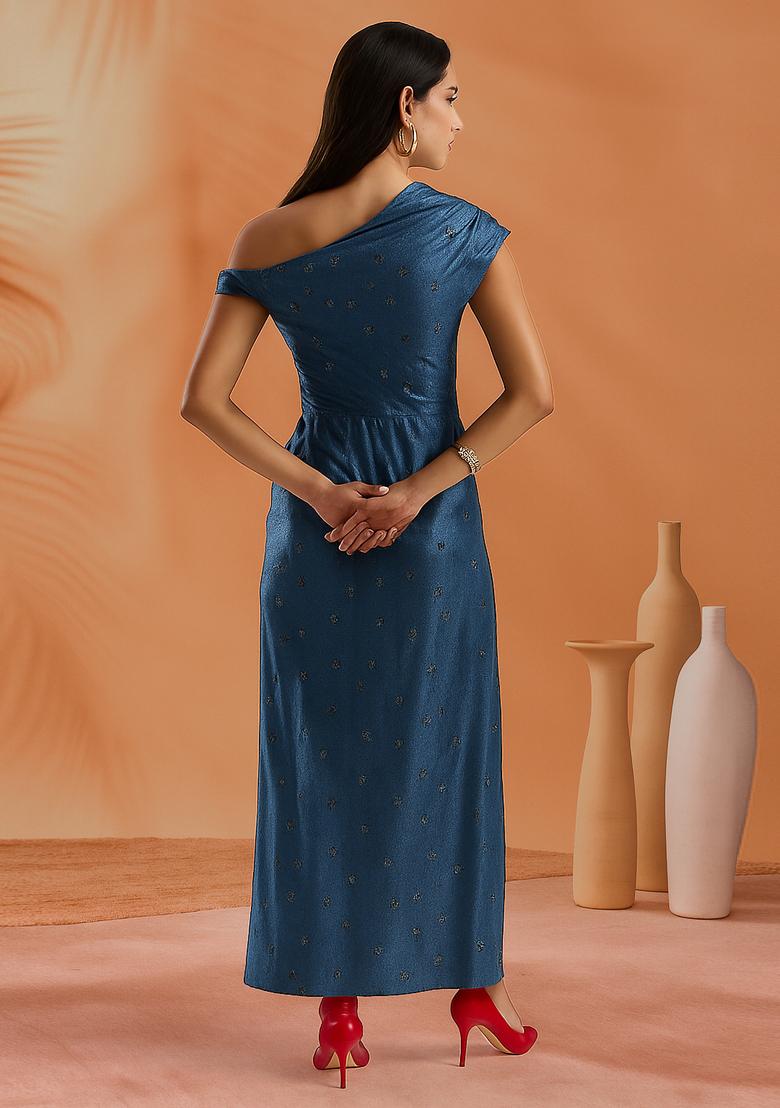 Blue Sequin Cotton Denim Dress - Indya