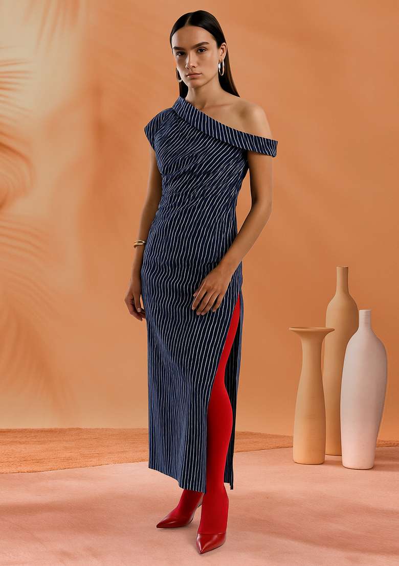 Blue Striped Cotton Denim Dress - Indya
