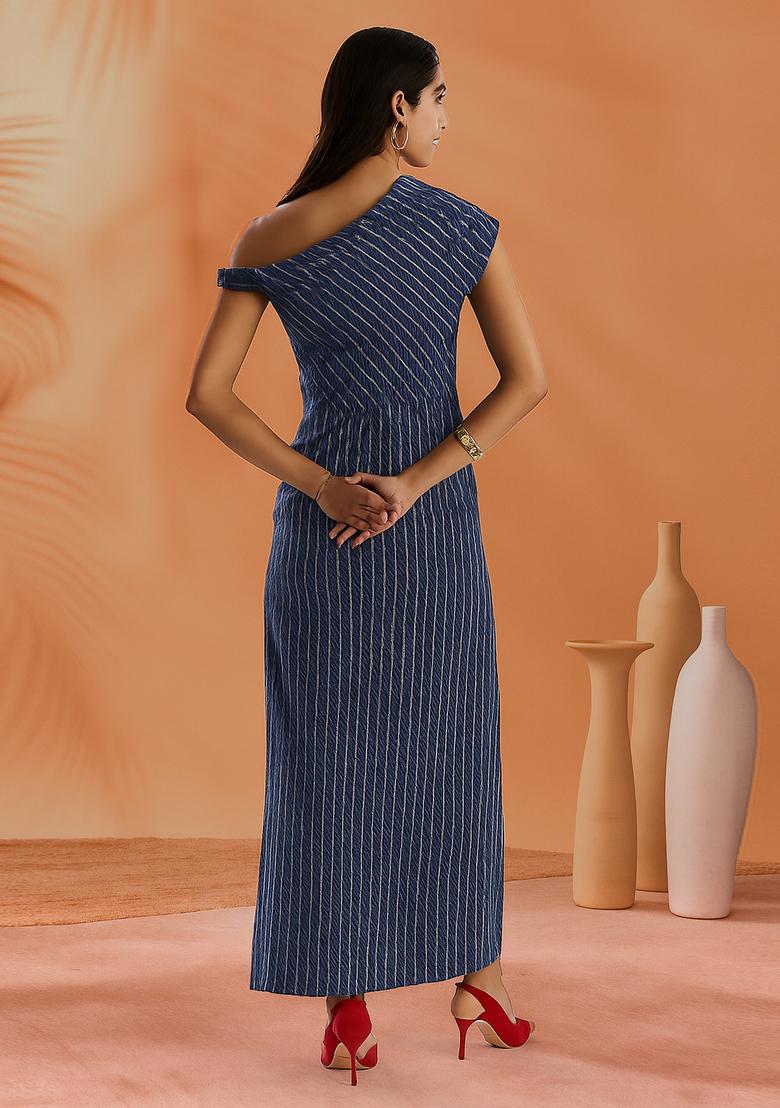 Blue Striped Cotton Denim Dress - Indya