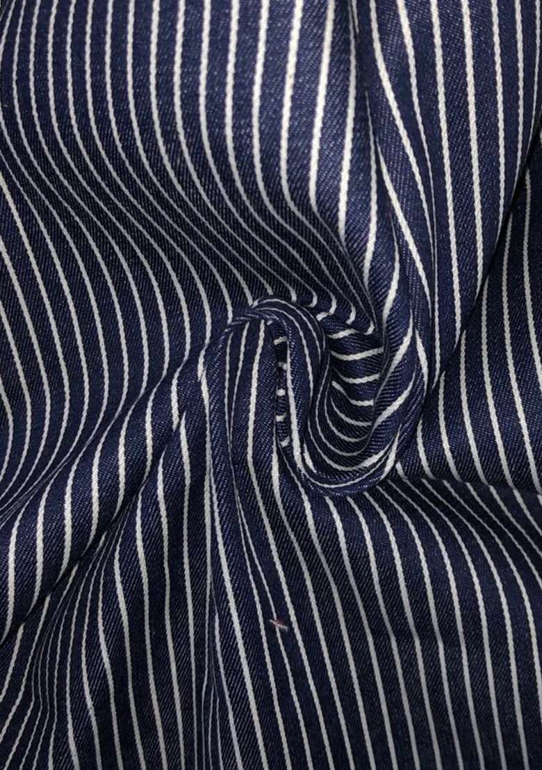 Blue Striped Cotton Denim Dress - Indya