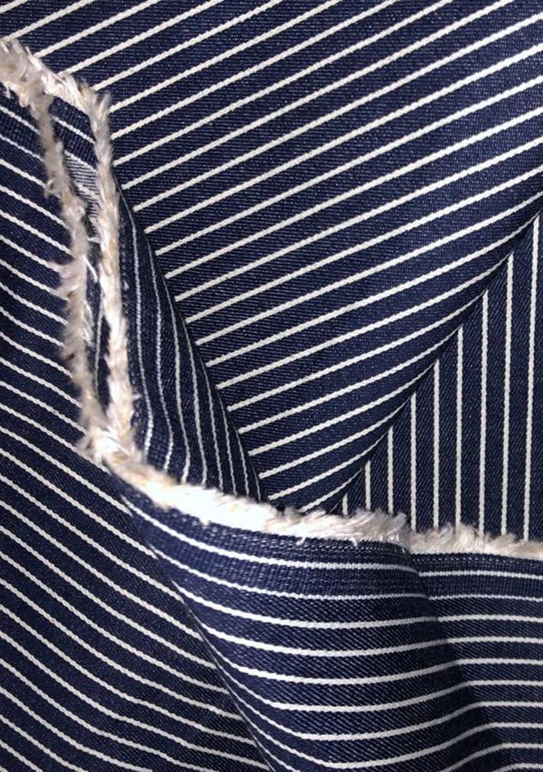 Blue Striped Cotton Denim Dress - Indya