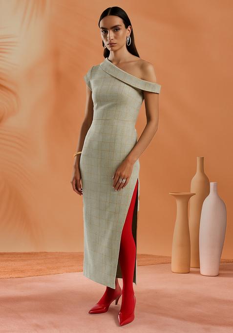 Grey Foil Printed Cotton Denim Dress