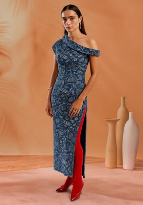 Blue Printed Denim Dress