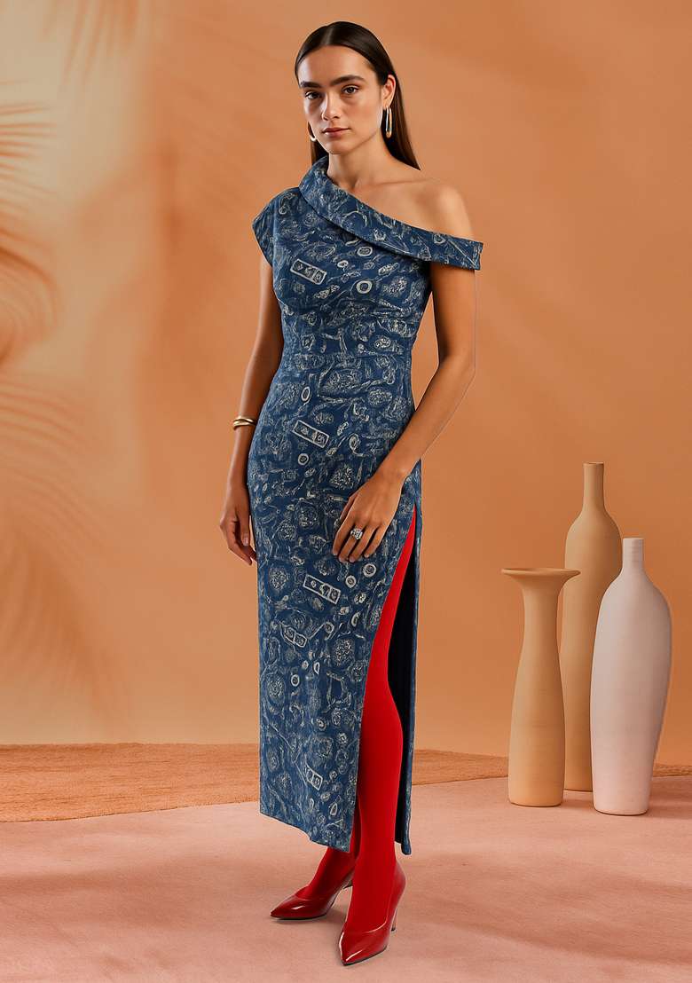 Blue Denim Dress with Printed for Diwali | Wedding & Festive Wear - Indya