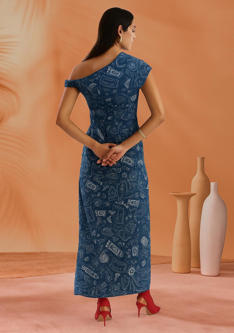 Blue Printed Denim Dress - Indya