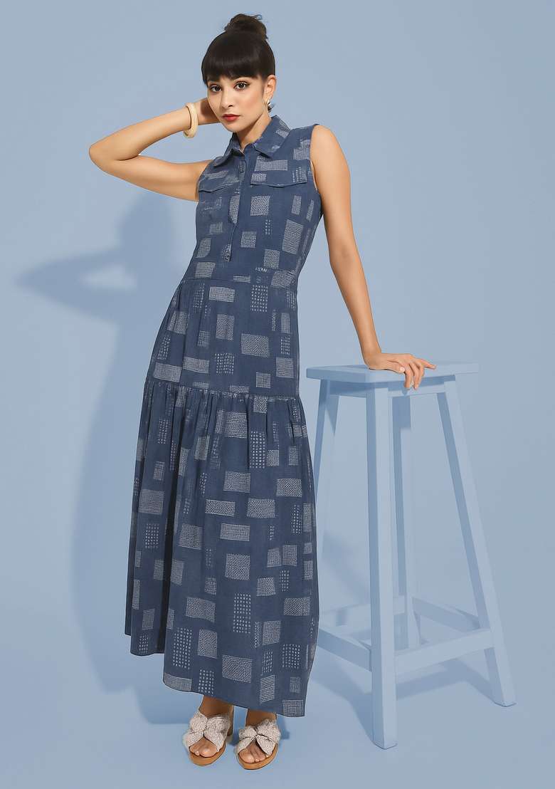 Blue Jacquard Denim Dress - Indya