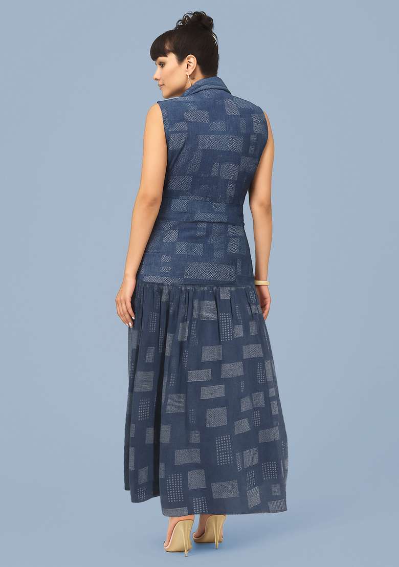 Blue Jacquard Denim Dress - Indya