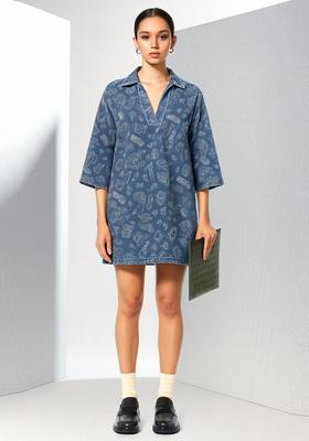 Blue Printed Denim Dress