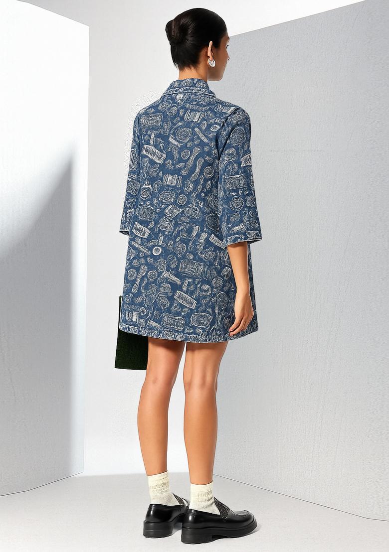 Blue Printed Denim Dress - Indya