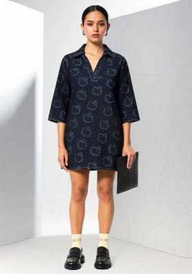 Blue Printed Denim Dress