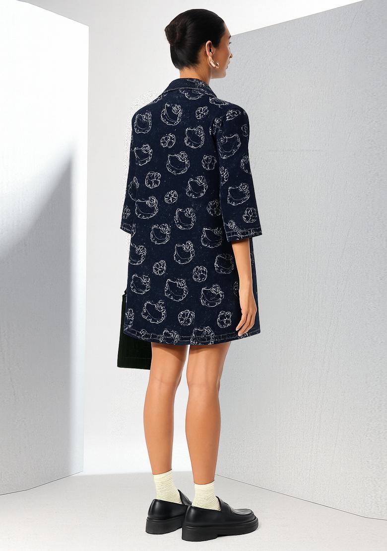 Blue Printed Denim Dress - Indya
