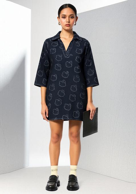 Blue Printed Denim Dress