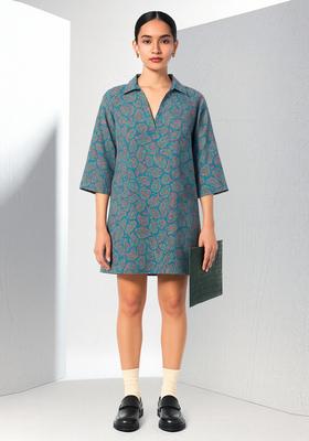 Blue Embroidered Denim Dress