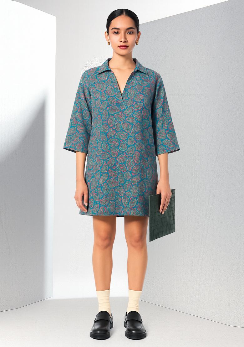 Blue Embroidered Denim Dress