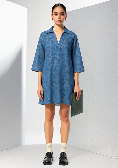 Blue Embroidered Denim Dress