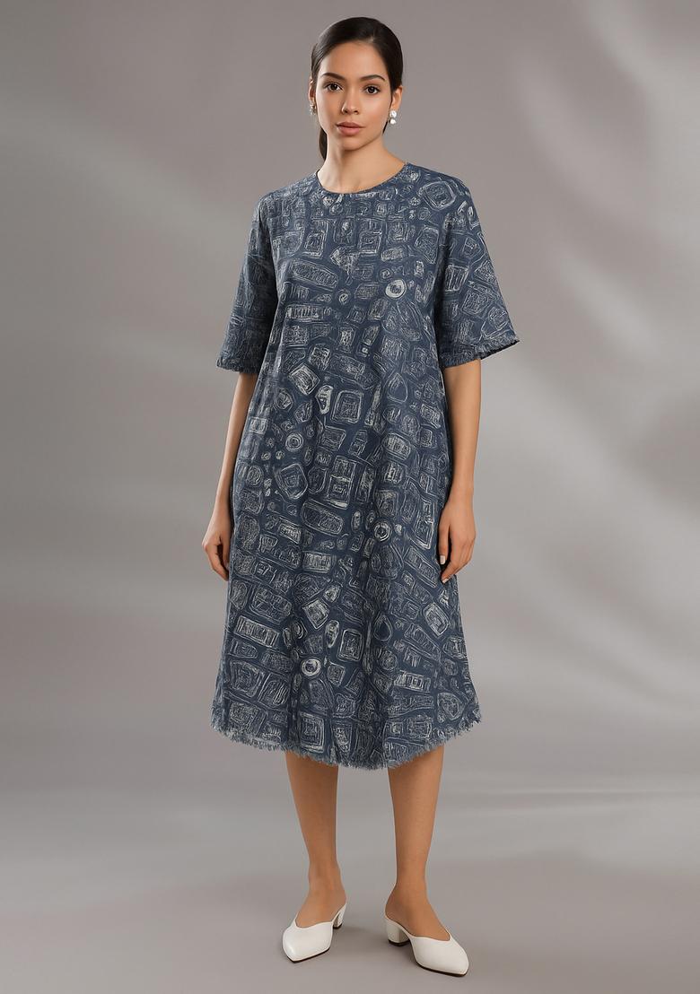 Blue Printed Denim Dress