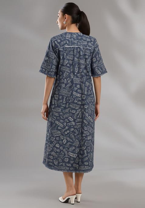 Blue Printed Denim Dress