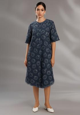 Blue Printed Denim Dress