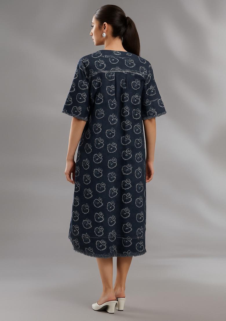 Blue Printed Denim Dress - Indya