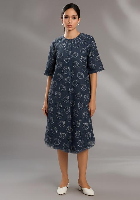 Blue Printed Denim Dress