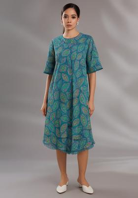 Blue Embroidered Denim Dress