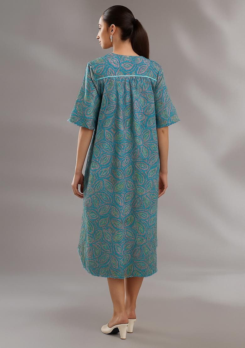 Blue Embroidered Denim Dress - Indya